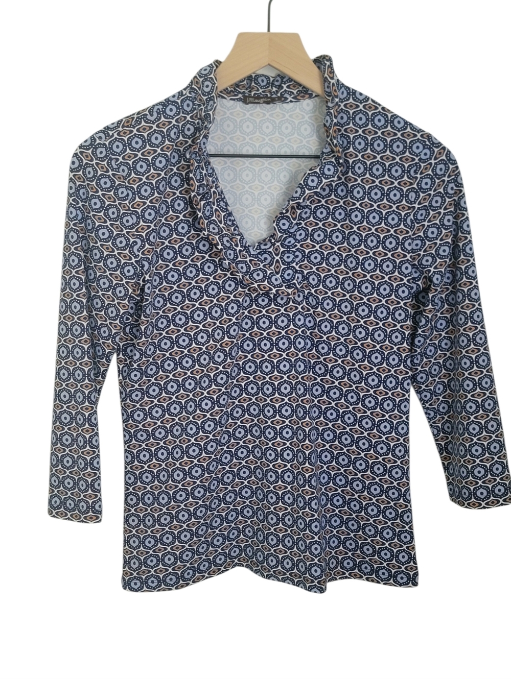 J McLaughlin Durham Ruffle Top Catalina Cloth Blue Geometric Print S